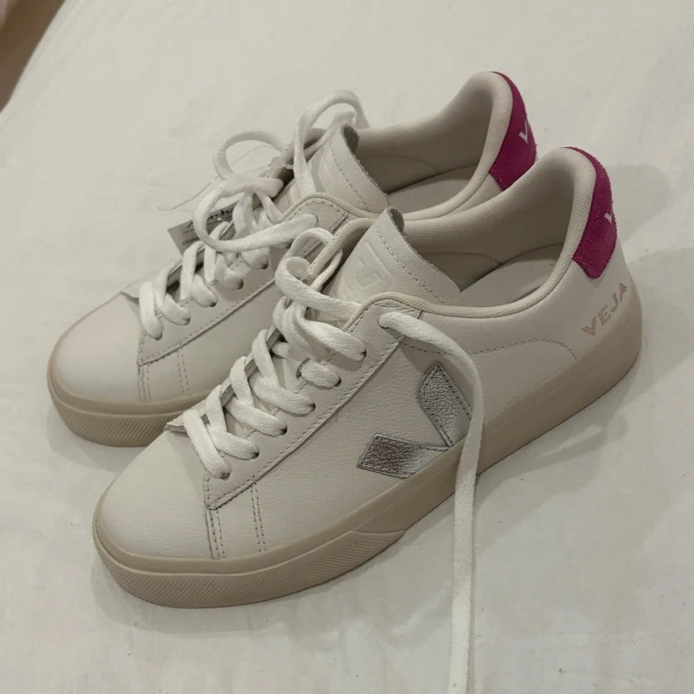 Veja White Leather Sneakers with Pink Heel Tab - Picture 2 of 6